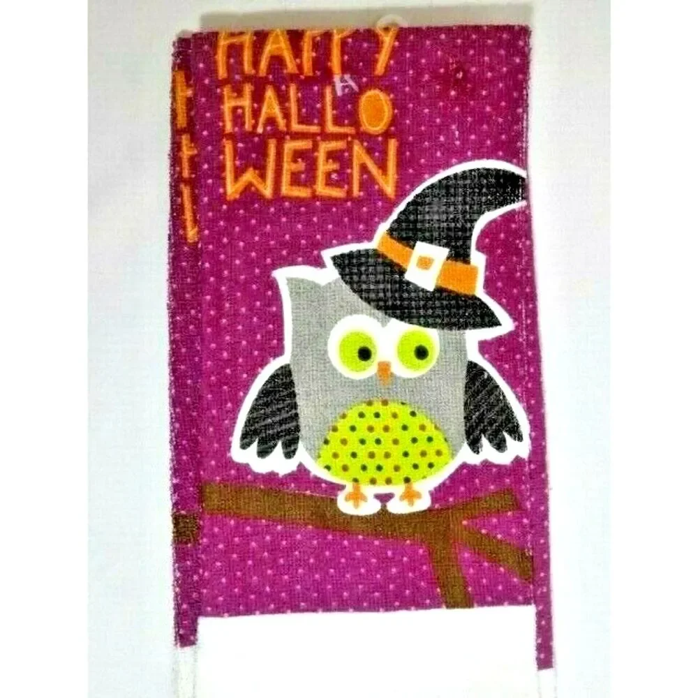 Happy Halloween Owl on Branch Kitchen Towels 2-pc Black Hat Purple Gray Bird